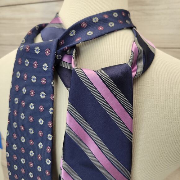 Grant Thomas Lot of 2 Neck Ties Navy, Gray, Purple Prints - Picture 2 of 8